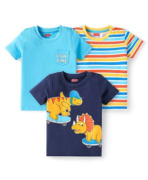 Babyhug Cotton Knit Half Sleeves T-Shirt with Stripes & Animal Print Pack Of 3 - Light Blue & Navy Blue