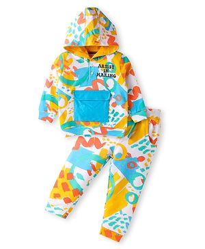 Babyhug Terry Knit Full Sleeves Hooded T-Shirt & Lounge Pant Set with Text & Abstract Print - White
