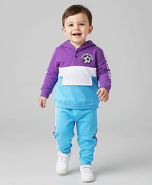 Babyhug Terry Knit Full Sleeves Cut & Sew Hooded T-Shirt & Lounge Pant Set with Text Print - Blue & Purple