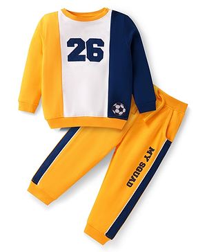 Babyhug Terry Knit Full Sleeves Cut & Sew T-Shirt & Lounge Pant Set with Text Print - Yellow