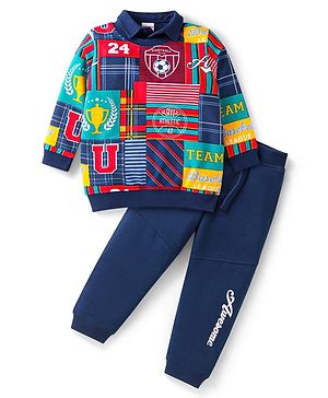 Babyhug Terry Knit Full Sleeves T-Shirt & Lounge Pants Set with Sports Theme Print - Navy Blue