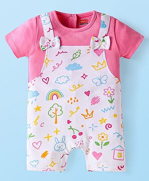 Babyhug Interlock Knit Half Sleeves Printed Romper With Bow Applique - Pink & White