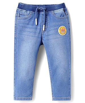 Babyhug Full Length Washed Denim Jeans With Teddy Bear Patch & Stretch - Blue