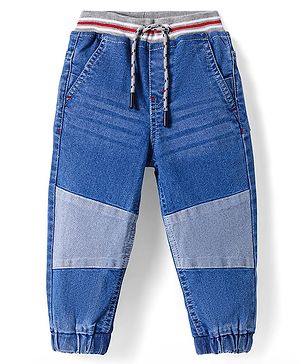 Babyhug Full Length Cut & Sew Washed Denim Joggers with Stretch - Blue