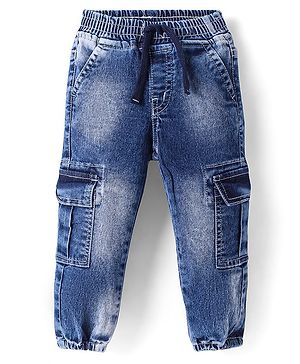 Babyhug Cotton Denim Full Length Washed Joggers With Stretch & Cargo Pockets - Blue