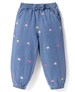 Babyhug Full Length Denim Jeans With Floral Embroidery & Bow Applique - Blue