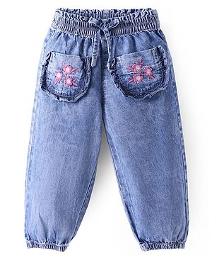Babyhug Denim Full Length Washed  Joggers With Floral Embroidery - Light Blue