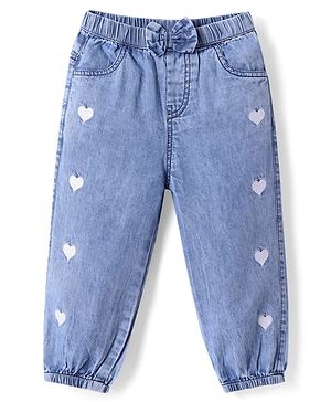 Babyhug Denim Full Length Jogger With Heart Embroidery & Bow Applique - Light Blue