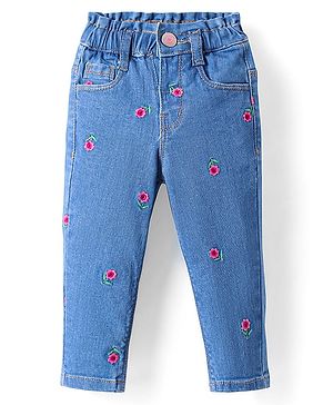 Babyhug Full Length Stretchable Denim Jeans with Floral Embroidery - Blue