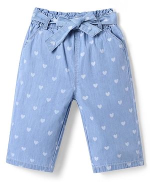 Babyhug Ankle Length Denim Culotte Pant With Heart Print & Bow Applique - Light Blue