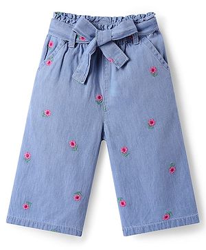 Babyhug Cotton Denim Ankle Length Culottes with Floral Embroidery with Fabric Belt - Blue