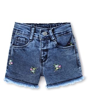 Babyhug Mid Thigh Washed Denim Shorts With Stretch & Floral Embroidery - Blue