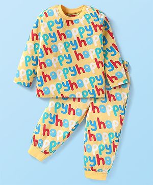 Babyhug Cotton Knit Full Sleeves Night Suit With Happy Text Print - Yellow