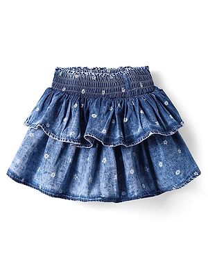 Babyhug Mid Thigh Frilled Denim Skirt With Polka Dot Print - Blue