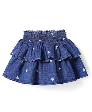 Babyhug Mid Thigh Frilled Denim Skirt With Heart Print - Blue