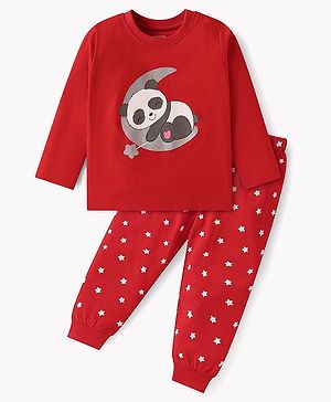 Babyhug Cotton Knit Full Sleeves Night Suit with Panda & Stars Print - Red