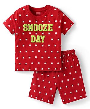 Babyhug Cotton Knit Half Sleeves Shorts Night Suit with Stars & Text Print - Red