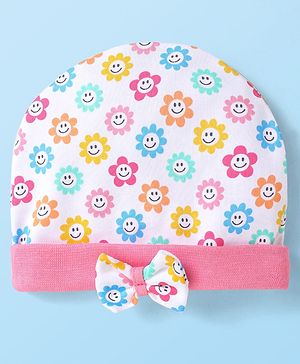 Babyhug 100% Cotton Knit Cap with Bow Applique & Floral Smiley Print White - Diameter 15 cm