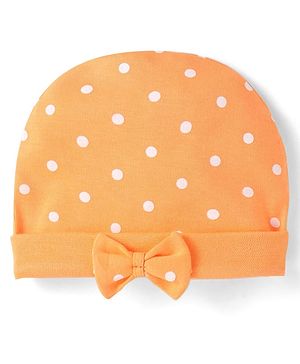 Babyhug 100% Cotton Knit Cap with Bow Applique & Polka Dots Print Orange - Diameter 15 cm