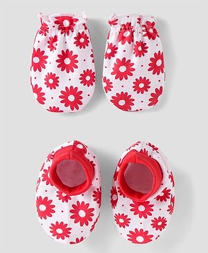 Babyhug 100% Cotton Knit Mittens & Booties with Floral Print - Red