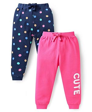 Babyhug Single Jersey Knit Full Length Lounge Pants Pack Of 2 with Polka Dots & Text Print - Pink Navy Blue