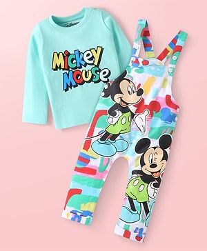 Babyhug Disney Single Jersey Knit Dungaree & Full Sleeves T-Shirt Set with Mickey Mouse Graphics - Aqua Blue