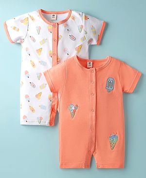 ToffyHouse Cotton Knit Half Sleeves Front Open Rompers with Ice Cream Print & Embroidery Pack of 2 - Light Orange & White