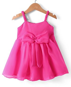 Babyhug Woven Singlet Sleeves Party Dress with Bow Applique - Dark Pink