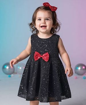 Babyhug Woven Sleeveless Party Wear Fit And Flare Dress With Sequin And Bow Applique -  Black