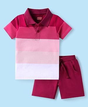 Babyhug Single Jersey Knit Half Sleeves Polo T-Shirt & Shorts Set With Color Block Design - Maroon