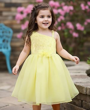 Babyhug Woven Sleeveless Party Dress with Floral  Embroidery on Yoke - Yellow