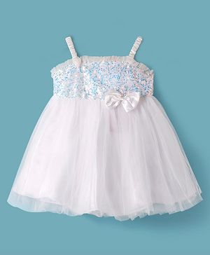 Babyhug Woven Singlet Dress With Sequinned Yoke & Bow - White