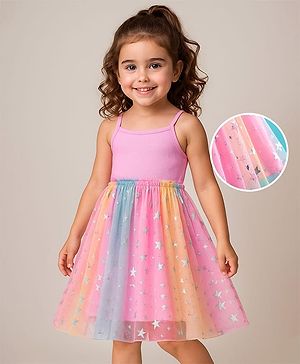 Babyhug Woven Mesh Sleeveless Party Wear Dress With Silver Foil Star Print - Pink