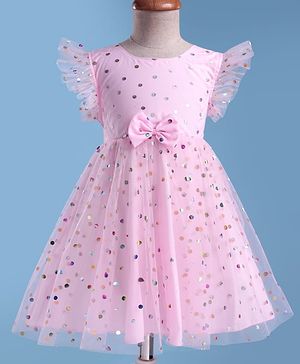 Babyhug Woven Frill Sleeves Mesh Party Party Dress with Foil Print & Bow Applique - Pink