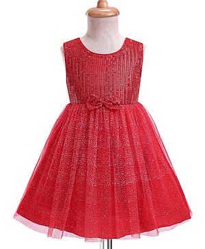 Babyhug Sleeveless Sequinned & Bow Detailing Fit & Flared Party Dress - Red