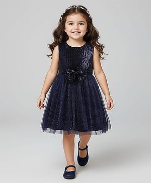 Babyhug Woven Sleeveless Party Dress With Bow Applique & Sequin - Navy Blue