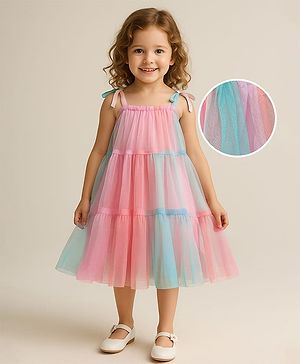 Babyhug Woven Sleeveless Mesh Tiered Party Dress - Multicolor