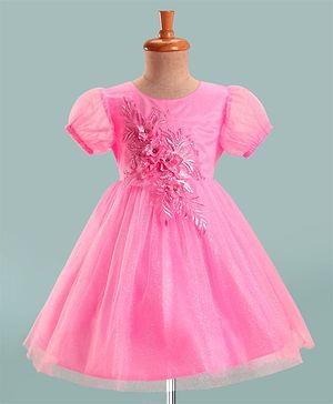 Babyhug Woven Half Sleeves Mesh Party Dress With 3D Floral Applique - Pink