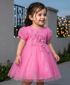 Babyhug Woven Half Sleeves Mesh Party
                              Dress With 3D Floral Applique - Pink