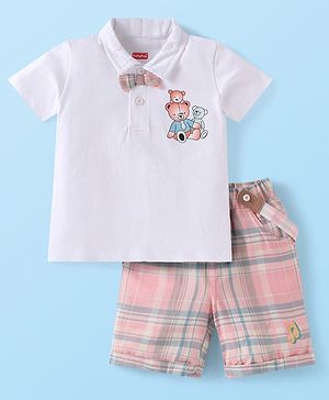 Babyhug Single Jersey Knit Half Sleeves Bear Printed Polo T-Shirt & Checkered Shorts Set with Suspender & Bow Applique - White & Pink
