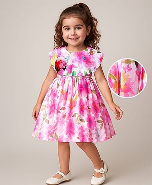 Babyhug Woven Sleeveless Fit & Flare Party Dress with Floral Print - Pink & White