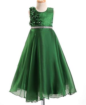 Babyhug Woven Sleeveless Fit and Flare Party Gown  With Floral Applique & Rhinestone Detailing - Green