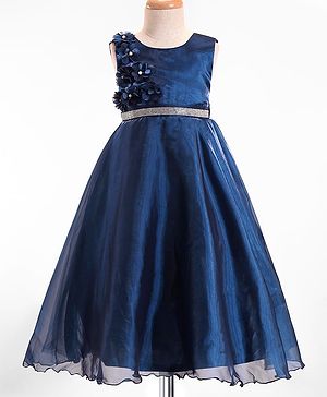 Babyhug Woven Sleeveless Fit and Flare Party Gown  With Floral Applique & Rhinestone Detailing - Navy Blue