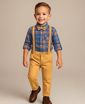 Babyhug Cotton Woven Full Sleeves Checkered Shirts and Trousers Set With Attached Bow & Suspender - Blue & Yellow