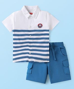 Babyhug Single Jersey Knit Half Sleeves Striped Shirts & Shorts Set - White & Blue