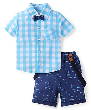 Babyhug Single Jersey Knit Half Sleeves Checks Shirt & Fish Printed Shorts With Bow Applique & Suspender - Light & Navy Blue
