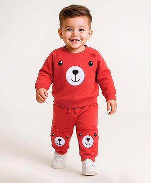 Babyhug Terry Knit Full Sleeves T-Shirt & Joggers  Set with Animal Applique - Red