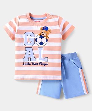 Babyhug Single Jersey Knit Half Sleeves Striped T-Shirt & Shorts Set with Text Print & Tape Detailing - Pink & Blue
