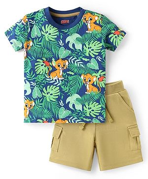 Babyhug Single Jersey Knit Half Sleeves T-Shirt & Shorts Set with Jungle Theme Print - Olive Green & Blue