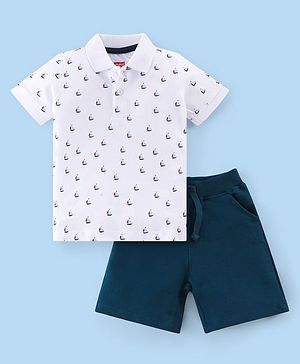 Babyhug Single Jersey Knit Half Sleeves Polo T-Shirt and Shorts Set with Winter Theme Text Print - White & Navy Blue